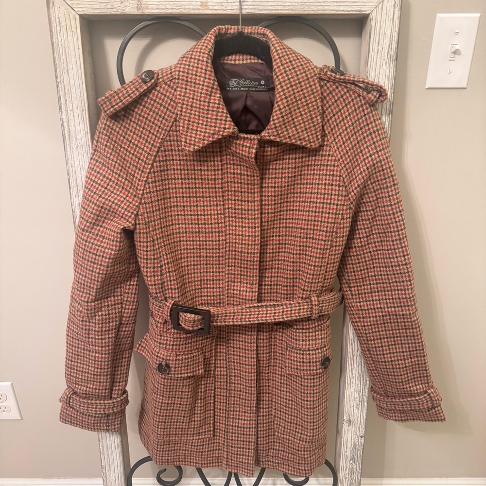 Zara TRF Collection British Houndstooth Belted Wool‎ Blend Trench Coat S